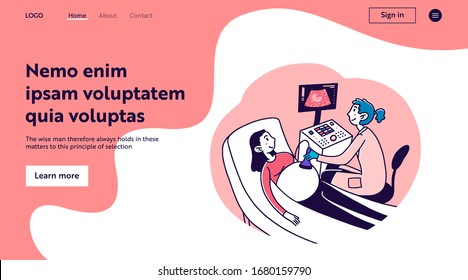 Pregnant woman visiting doctor. Ultrasound pregnancy screening flat vector illustration. Gynecologist, expecting, technology concept for banner, website design or landing web page