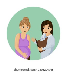 Pregnant Woman Visiting Doctor Vector Illustration. Nurse Flat Character Holding Patient Card. Prenatal Health Clinic, Hospital, Medical Center. Cartoon Female Gynecologist, Obstetrician