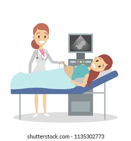 Pregnant woman visiting female doctor in hospital. Patient is examined by professional. Checking belly by ultrasound. Isolated flat vector illustration