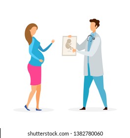 Pregnant Woman Visiting Gynecologist Illustration. Future Mother at Ultrasound Diagnostics. Cartoon Lady Touching Belly. Male Obstetrician Consulting Patient Flat Vector Characters