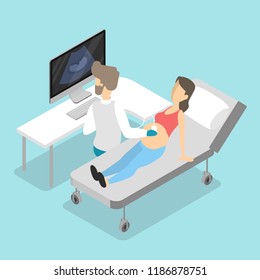 Pregnant woman visiting male doctor in hospital. Checking belly by ultrasound. Medical worker looking at the screen with baby silhouette. Isolated vector isometric illustration