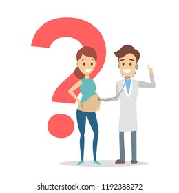 Pregnant woman visiting male doctor in hospital. Patient is examined by professional. Big question mark on background. Ask professional. Isolated flat vector illustration