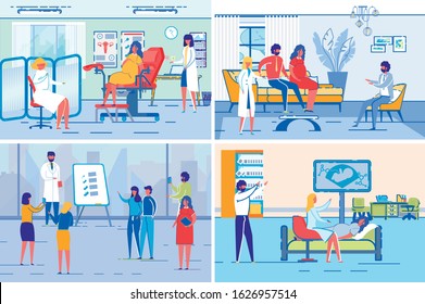 Pregnant Woman Visiting Medical Prenatal Center Check up, Screening and Doctor Consultation. Family Healthcare and Maternity Assistance, Fertility Treatment Clinic. Flat Vector Illustrations Set.