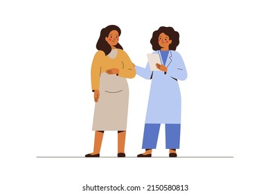 Pregnant woman visits her gynecologist in the hospital. Female doctor talks with woman expecting a baby. Concept of medical consultation and check up during pregnancy. Vector illustration