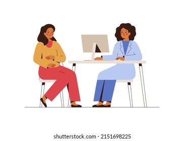 Pregnant woman visits her gynecologist in the medical office. Female doctor talks with woman expecting a baby. Consultation and check up during pregnancy concept. Vector illustration