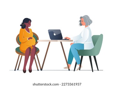 Pregnant woman visits her gynecologist doctor in the medical office. Female doctor talks with woman expecting a baby. Physician consultation and check up during pregnancy concept. Vector illustration