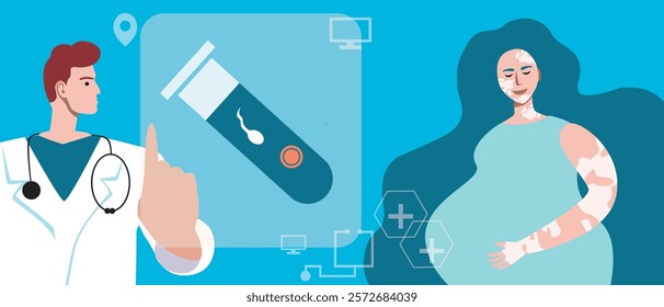 Pregnant woman with vitiligo or single mother as a concept of family planning using in vitro fertilization, flat vector stock illustration, technology consultation with doctor for IVF