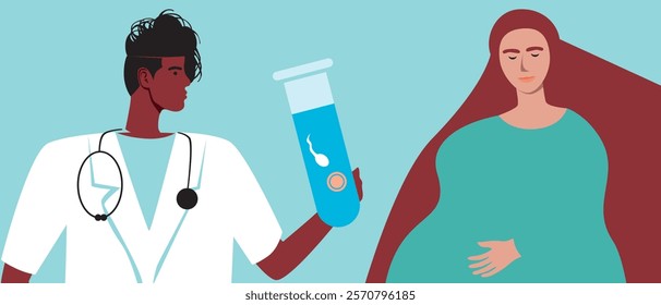 Pregnant woman, in vitro fertilization assisted pregnancy, flat vector stock illustration, consultation with doctor for IVF