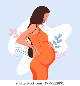 Pregnant woman waiting for baby on blue floral background isolated on white. Vector illustration