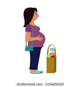 Pregnant woman waiting with a paper bag of groceries. Isolated vector illustration.