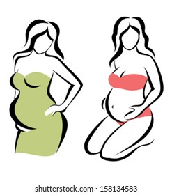 pregnant woman waitng childbirth, set of vector icons