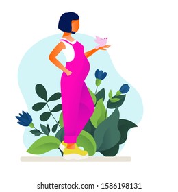 Pregnant woman walking. Active and fit pregnant female character. Happy pregnancy. Yoga and sport for pregnant. Flat cartoon vector illustration