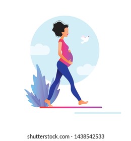 Pregnant woman walking. Active well fitted pregnant female character. Happy pregnancy. Yoga and sport for pregnant. Flat cartoon vector illustration