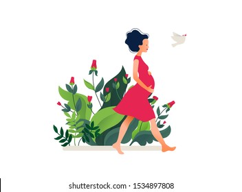 Pregnant woman walking. Active well fitted pregnant female character. Happy pregnancy. Yoga and sport for pregnant. Flat cartoon vector illustration