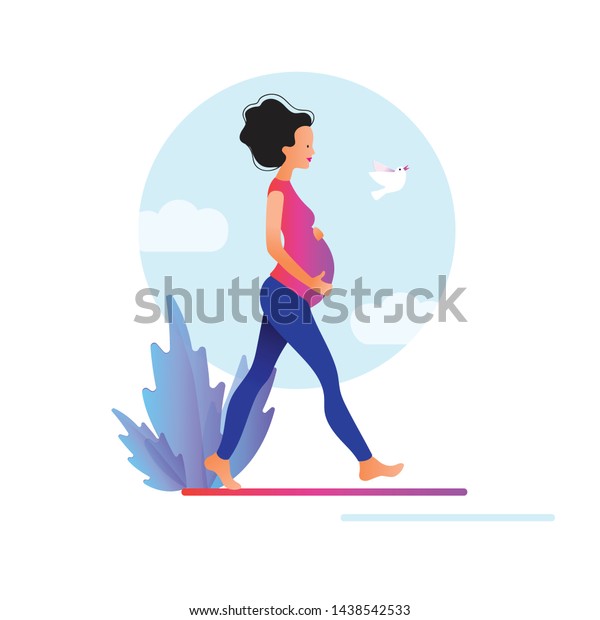 妊婦が歩いてる 活動的で身近な妊婦の女性キャラクター 幸せな妊娠 妊娠のためのヨガとスポーツ 平らなカートーンのベクターイラスト のベクター画像素材 ロイヤリティフリー
