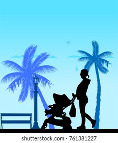 Pregnant woman walking with baby in stroller on the beach, one in the series of similar images silhouette