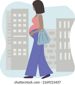 Pregnant woman walking in the city, Pregnancy and motherhood vector flat illustration