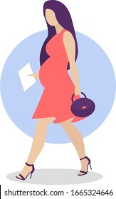 Pregnant woman walking in corall dress. Active well dressed pregnant female character. Happy pregnancy.  Flat cartoon vector illustration
on blue background