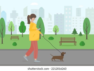 Pregnant woman walking with a dog along the city street. Vector illustration 