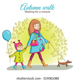 Pregnant woman walking with a girl and a dog. Girl holding a balloon. A dog on a leash. Autumn. People are wearing coats.
