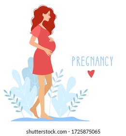 Pregnant woman walking. Happy pregnant woman holds her belly. Decorated beautiful leaves. Decorated beautiful leaves.Vector illustration.