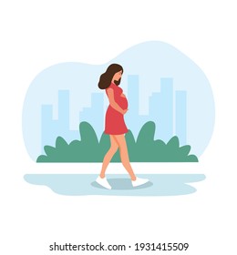 Pregnant Woman Walking. Happy Pregnancy.  Sport For Pregnant. Flat Cartoon Vector Illustration