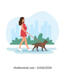 Pregnant woman walking with her dog. Healthy habits and healthy lifestyle.Happy pregnancy.  Sport for pregnant. Flat cartoon vector illustration