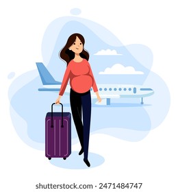 Mujer embarazada caminando con el equipaje en la terminal del aeropuerto. Ilustración plana de dibujos animados de Vector. Viaje en avión durante el embarazo