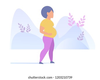 Pregnant woman walking in park Vector. Cartoon. Isolated art on white background. Flat