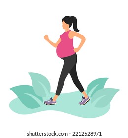 Pregnant woman walking for relaxation exercise in flat design on white background.