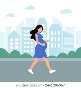 Pregnant woman walking for relaxation exercise. Happy pregnancy.