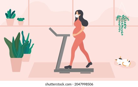 Pregnant woman walking in running treadmill exercise at home vector illustration. Healthy lifestyle and mother care concept