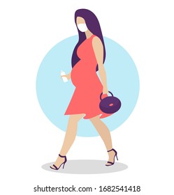 Pregnant woman walking in white medical face mask. Novel coronavirus (2019-nCoV. Danger during pregnancy. spray disinfection in hand. Flat cartoon vector illustration