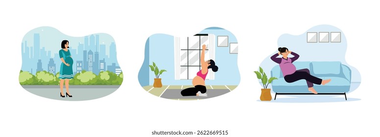 A pregnant woman walks in the city park. Practicing yoga in a cozy home. Sitting relaxed on the couch. Set flat vector illustrations.