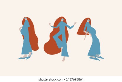 Pregnant woman walks, practices yoga. Flat girls in different poses, trendy clothes, orange long hair style. Female cartoon characters. 