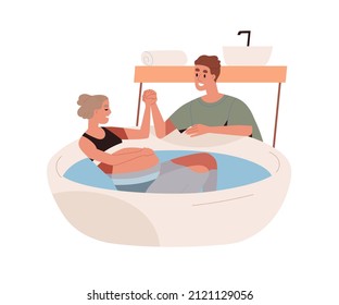 Pregnant woman at water birth, labor at home. Husband supporting wife during baby delivery in bath tub. Partner helping in natural childbirth. Flat vector illustration isolated on white background.