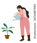 Pregnant woman watering plants on white background