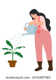 Mujer embarazada que riega las plantas sobre fondo blanco