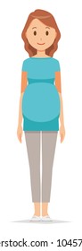 A pregnant woman wearing blue clothes is standing