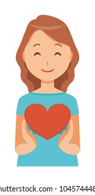 A pregnant woman wearing blue clothes has a heart mark