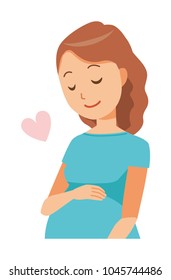 A pregnant woman wearing blue clothes is gently stroking her belly