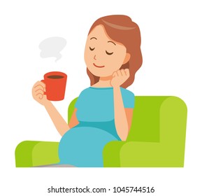 A pregnant woman wearing blue clothes is sitting on a sofa and drinking coffee