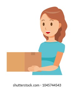 A pregnant woman wearing blue clothes has a box