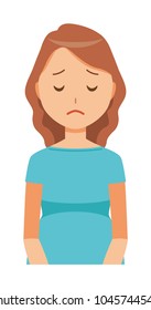 A pregnant woman wearing blue clothes is apologizing