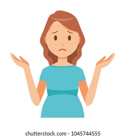 A pregnant woman wearing blue clothes is shrugging her shoulders