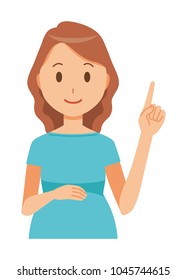 A pregnant woman wearing blue clothes is pointing