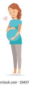 A pregnant woman wearing blue clothes is gently stroking her belly