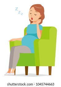 A pregnant woman wearing blue clothes is sleeping on a sofa