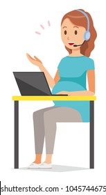 A pregnant woman wearing blue clothes is talking on income