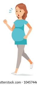 A pregnant woman wearing blue clothes is running